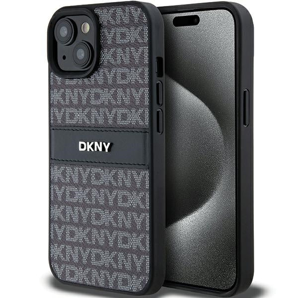 DKNY Leather Mono Stripe &amp; Metal Logo Case for iPhone 15/14/13 - Black