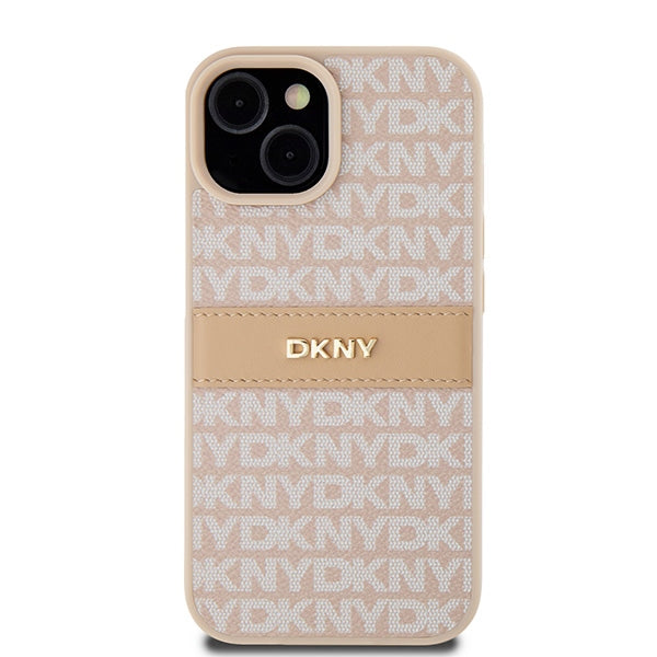 DKNY Leather Mono Stripe &amp; Metal Logo case for iPhone 15 / 14 / 13 - pink