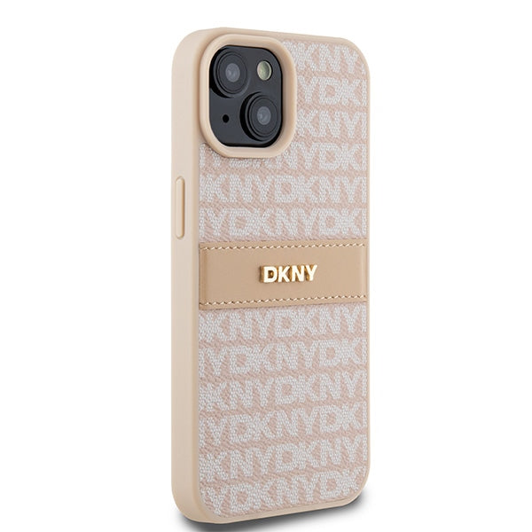 DKNY Leather Mono Stripe &amp; Metal Logo case for iPhone 15 / 14 / 13 - pink
