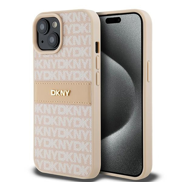 DKNY Leather Mono Stripe &amp; Metal Logo case for iPhone 15 / 14 / 13 - pink