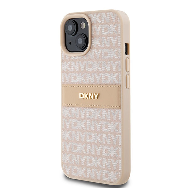 DKNY Leather Mono Stripe &amp; Metal Logo case for iPhone 15 / 14 / 13 - pink