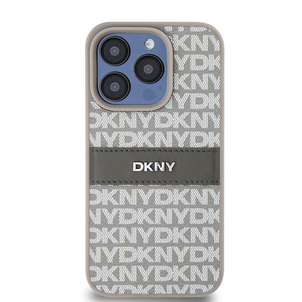 DKNY Leather Mono Stripe &amp; Metal Logo case for iPhone 15 Pro Max - beige