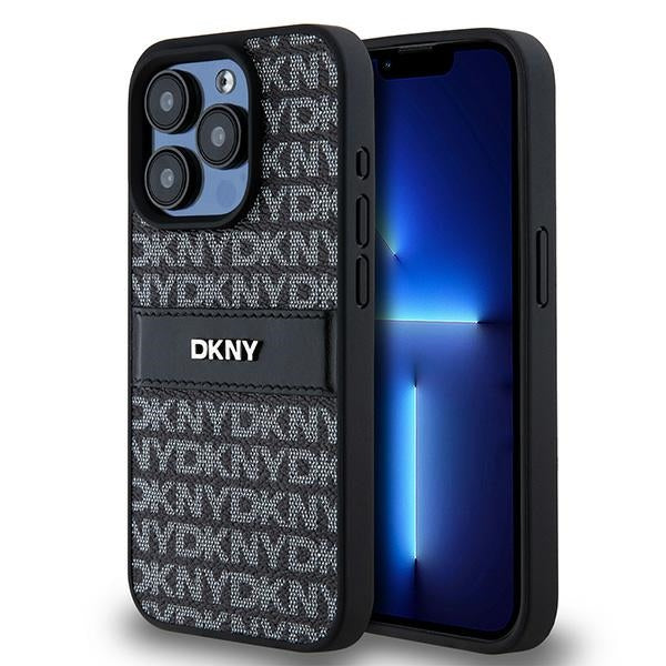 DKNY Leather Mono Stripe &amp; Metal Logo case for iPhone 15 Pro Max - black