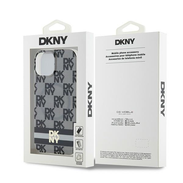 DKNY IML Checkered Mono Pattern &amp; Printed Stripes MagSafe Case for iPhone 15/14/13 - Black