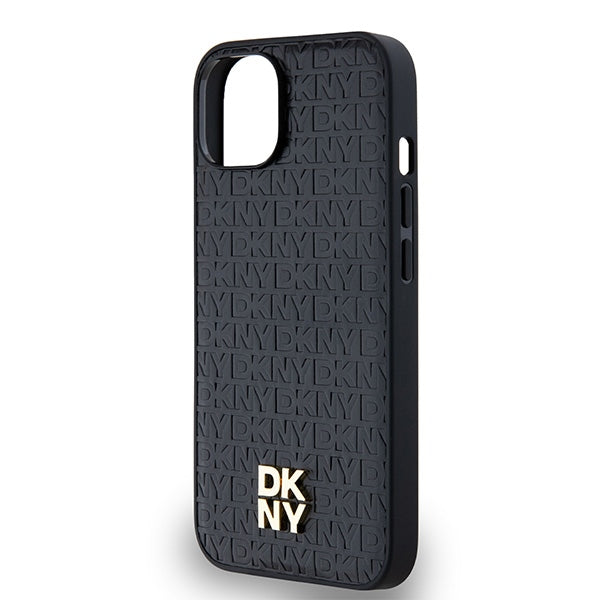 DKNY Leather Monogram Pattern Metal Logo MagSafe Case for iPhone 15/14/13 - Black