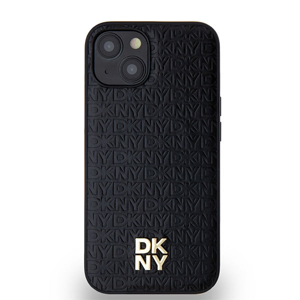DKNY Leather Monogram Pattern Metal Logo MagSafe Case for iPhone 15/14/13 - Black