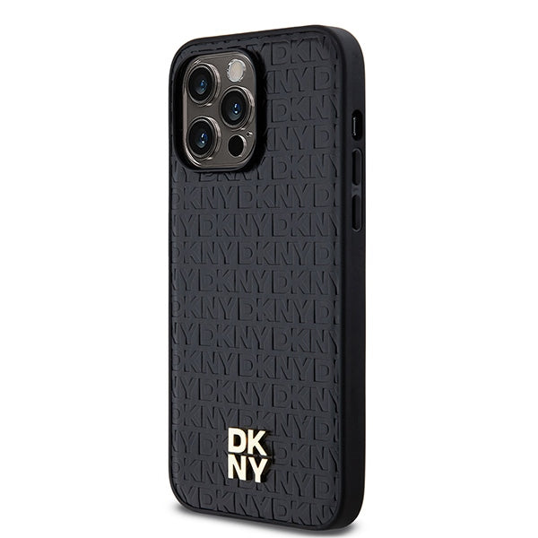 DKNY Leather Monogram Pattern Metal Logo MagSafe Case for iPhone 14 Pro Max - Black