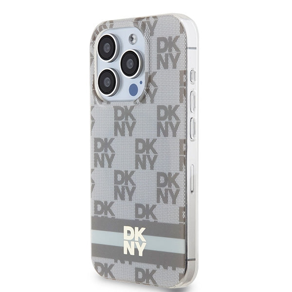 DKNY IML Checkered Mono Pattern &amp; Printed Stripes MagSafe case for iPhone 15 Pro - beige