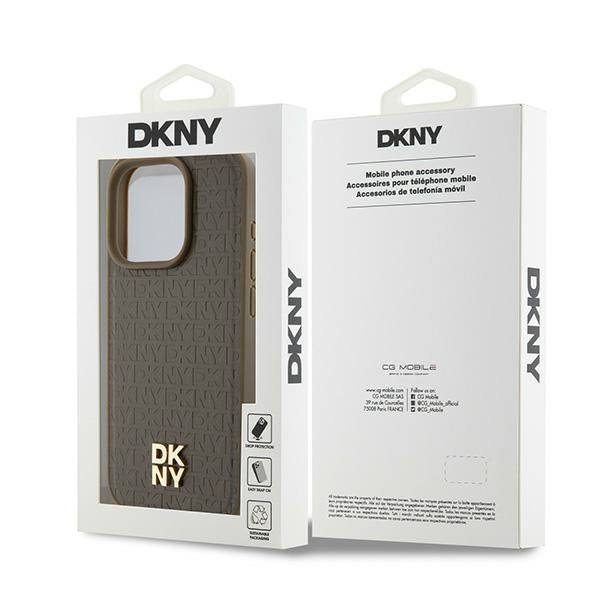 DKNY Leather Monogram Pattern Metal Logo MagSafe Case for iPhone 15 Pro - Brown