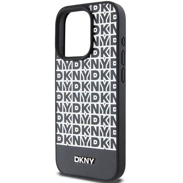 DKNY Leather Printed Pattern Metal Logo MagSafe Case for iPhone 15 Pro - Black
