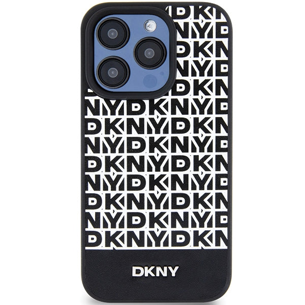 DKNY Leather Printed Pattern Metal Logo MagSafe Case for iPhone 15 Pro - Black