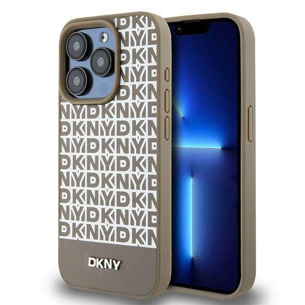 DKNY Leather Printed Pattern Metal Logo MagSafe Case for iPhone 15 Pro - Brown