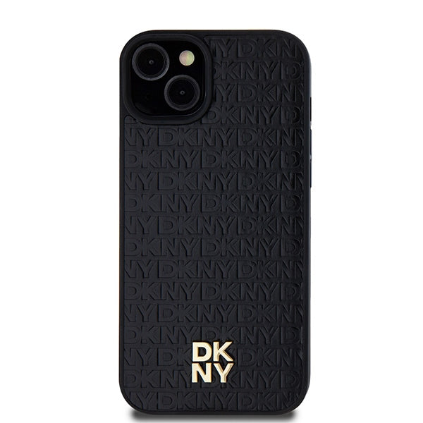DKNY Leather Monogram Pattern Metal Logo MagSafe Case for iPhone 15 Plus / 14 Plus - Black
