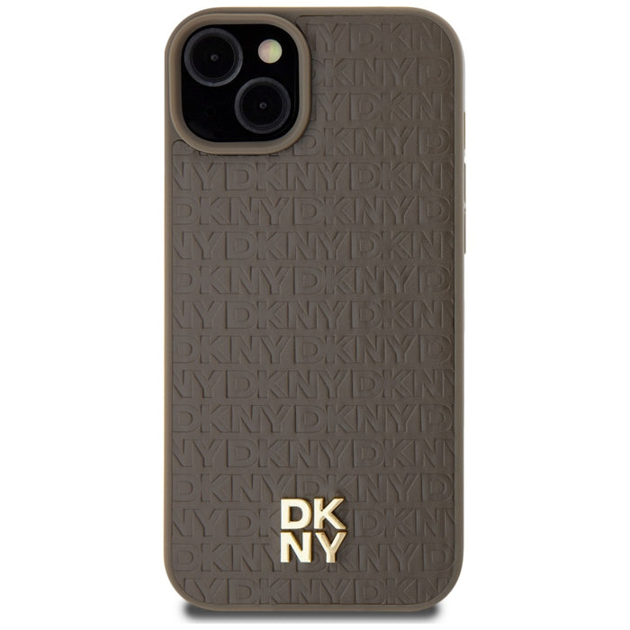 DKNY Leather Pattern Metal Logo MagSafe Case for iPhone 15 Plus / 14 Plus - Brown