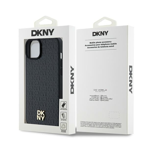 DKNY Leather Pattern Metal Logo MagSafe Case for iPhone 15/14/13 - Black