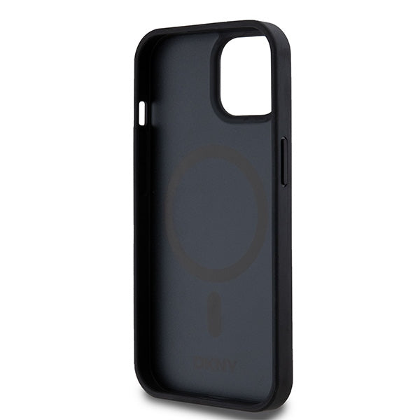DKNY Leather Printed Pattern Metal Logo MagSafe Case for iPhone 15/14/13 - Black