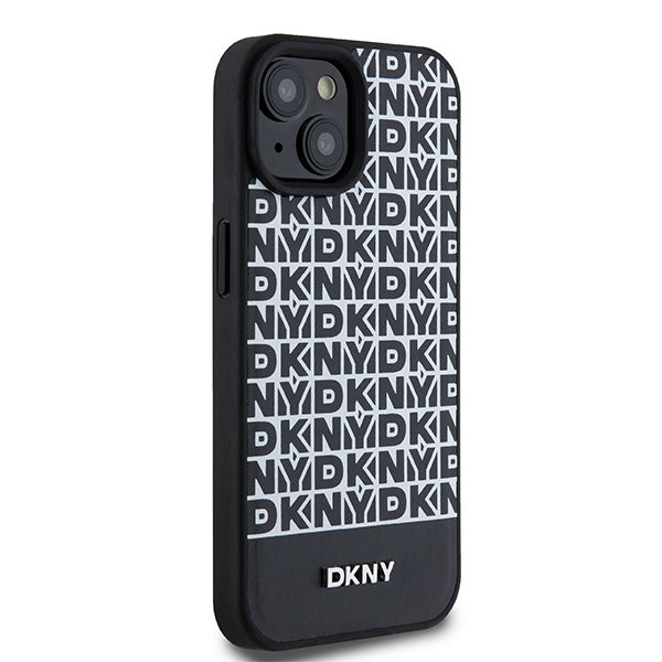 DKNY Leather Printed Pattern Metal Logo MagSafe Case for iPhone 15/14/13 - Black