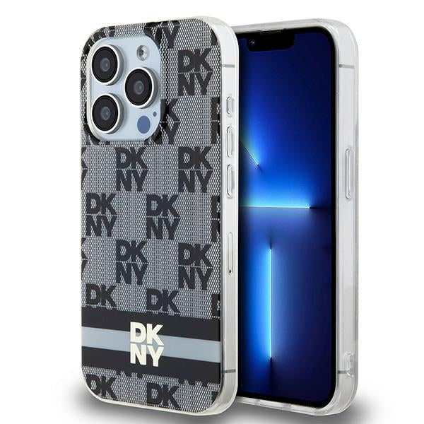 DKNY IML Checkered Mono Pattern &amp; Printed Stripes MagSafe Case for iPhone 15 Pro Max - Black