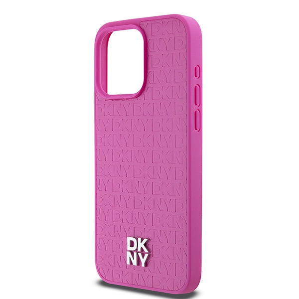 DKNY Leather Monogram Pattern Metal Logo MagSafe Case for iPhone 15 Pro Max - Pink