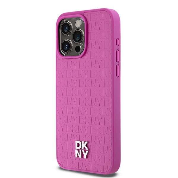 DKNY Leather Monogram Pattern Metal Logo MagSafe Case for iPhone 15 Pro Max - Pink