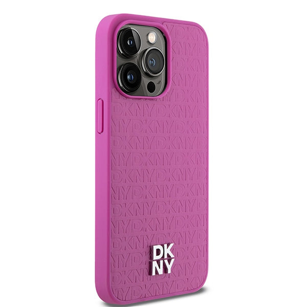 DKNY Leather Monogram Pattern Metal Logo MagSafe Case for iPhone 15 Pro Max - Pink