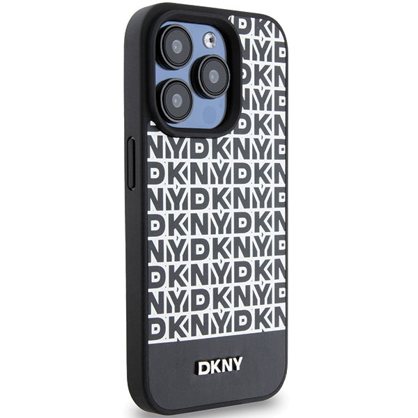 DKNY Leather Printed Pattern Metal Logo MagSafe Case for iPhone 15 Pro Max - Black