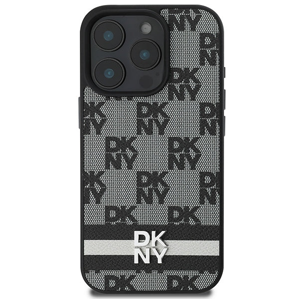 DKNY Checkered Pattern & Printed Stripes case for iPhone 16 Pro - black