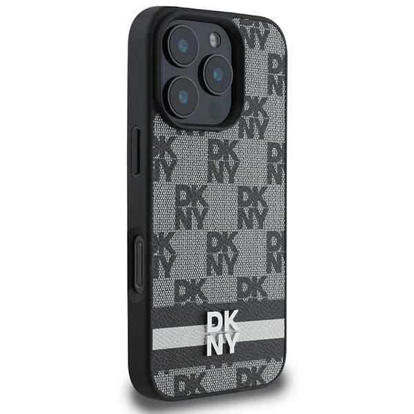 DKNY Checkered Pattern & Printed Stripes case for iPhone 16 Pro - black