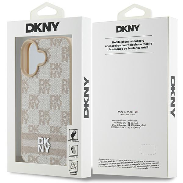 DKNY Checkered Pattern &amp; Printed Stripes iPhone 16 Case - Pink