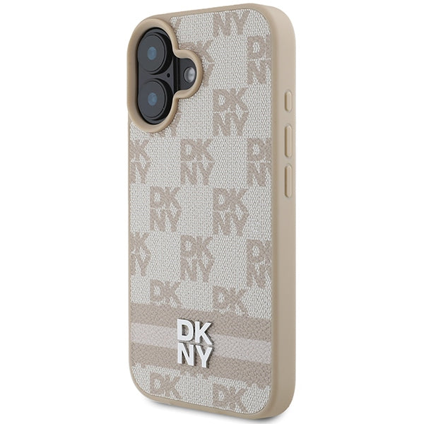 DKNY Checkered Pattern &amp; Printed Stripes iPhone 16 Case - Pink