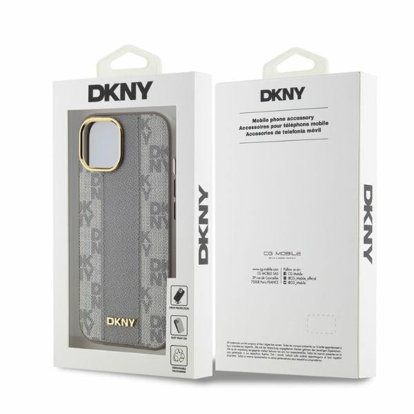 DKNY Leather Checkered Mono Pattern MagSafe iPhone 14 Case - Beige