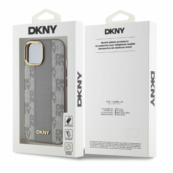 DKNY Leather Checkered Mono Pattern MagSafe iPhone 15 Case - Beige