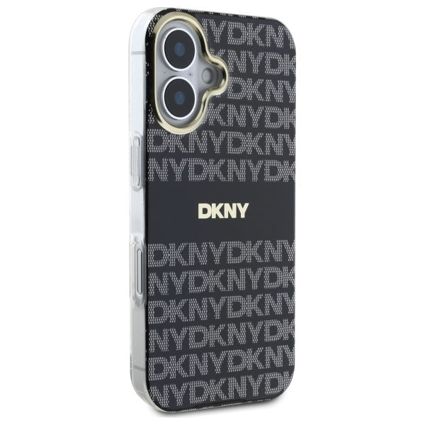 DKNY Repeat Texture Pattern With Stripe iPhone 16 Case - Black