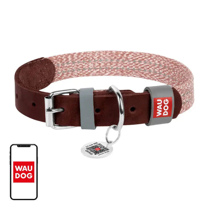 Dog collar made of natural leather and recycled material with QR code Waudog size L width 25 mm brown - Walking