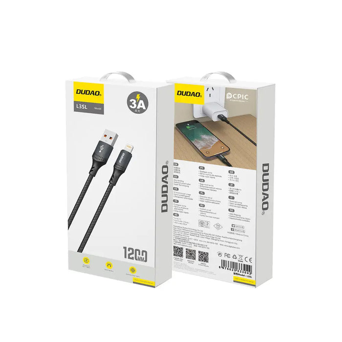 Dudao 3A 30W L3SL USB-A - Lightning Cable Braided 1.2m - Black - Cell phone cables<<<HurtelXML