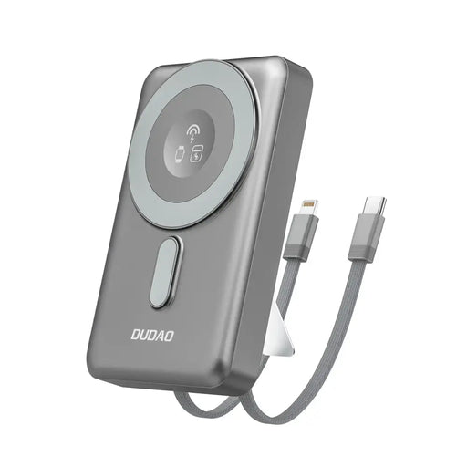 Dudao K29 10000mAh PD 20W MagSafe Power Bank with Metal Case Stand and Built-in USB-C/ Lightning Cables - Gray