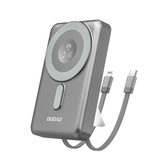 Dudao K29 10000mAh PD 20W MagSafe Power Bank with Metal Case Stand and Built-in USB-C/ Lightning Cables - Gray