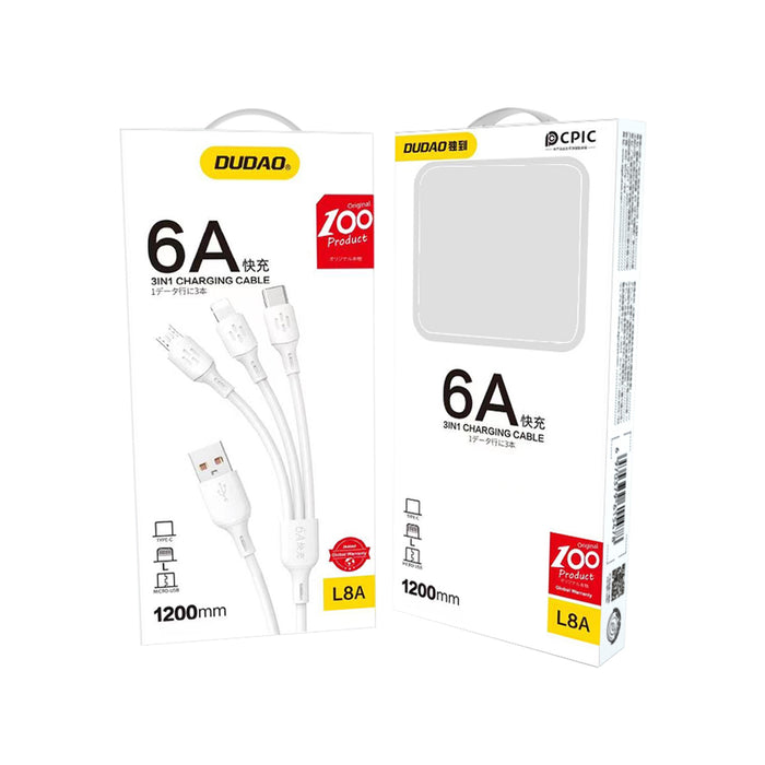 Dudao L8A-3in1 USB-A - USB-C / micro USB / Lightning 480Mb/s Cable 1.2m - White