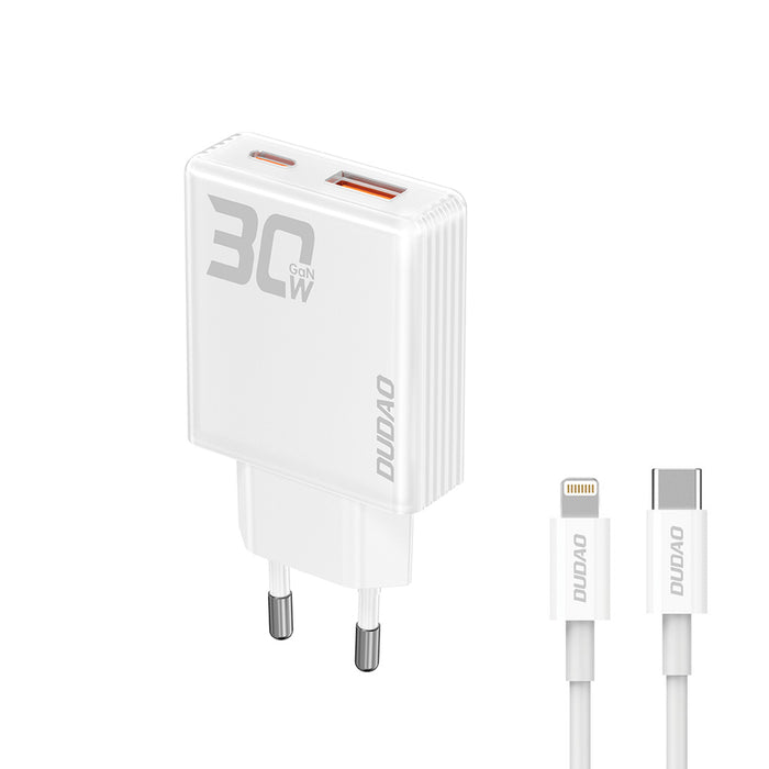 GaN Dudao A30EUL 30W USB-A / USB-C Wall Charger + USB-C - Lightning Cable - White