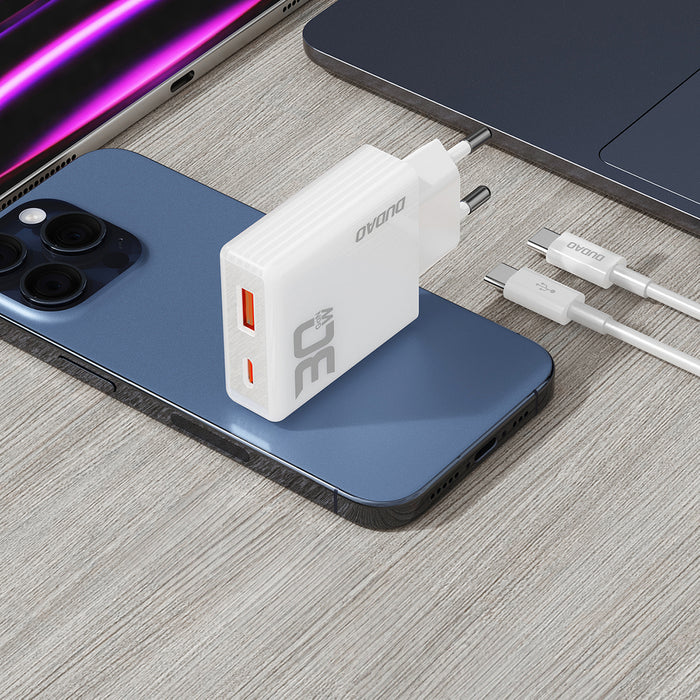 GaN Dudao A30EUT 30W USB-A / USB-C Wall Charger + USB-C - USB-C Cable - White
