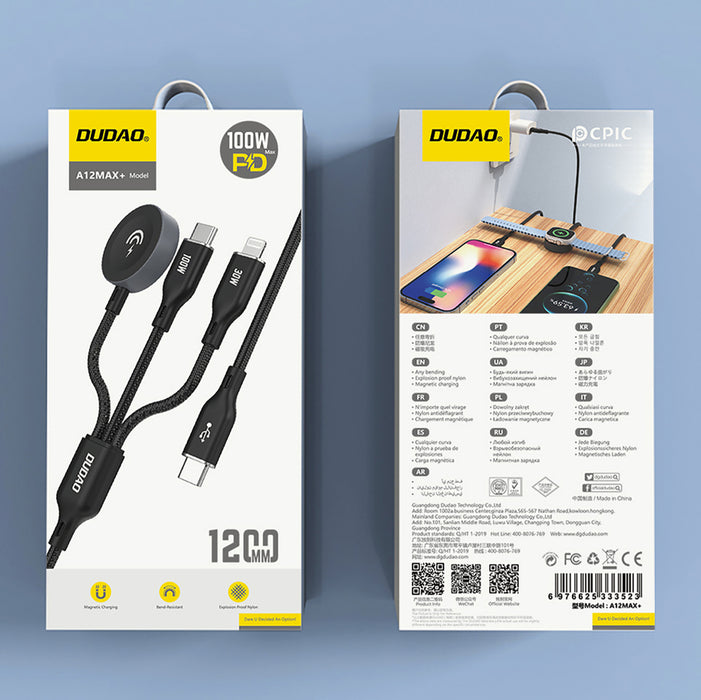 Apple Watch Dudao A12Max+ PD 100W 3in1 Charger Cable: USB-C Lightning 1.2m - Black