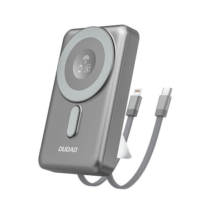 Dudao K29 10000mAh PD 20W MagSafe Power Bank with Metal Case, Stand and Built-in USB-C/ Lightning Cables - Gray