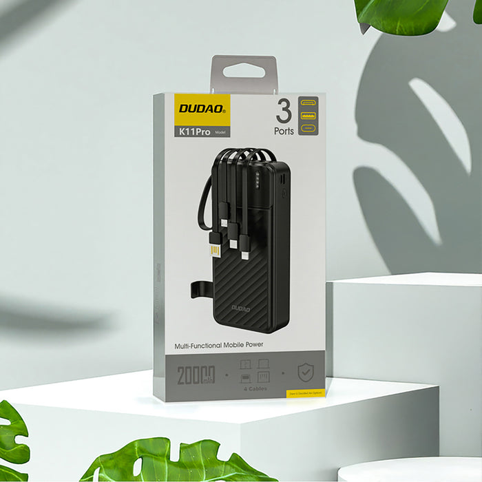 Dudao K11 Pro 20000mAh Powerbank with Built-in Cables - Black