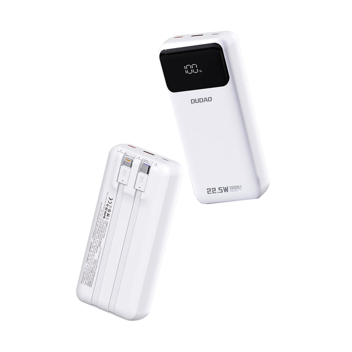Dudao K15Pro Power Bank 20000mAh 22.5W PD USB-C / USB-A / Built-in Lightning and USB-C Cables - White