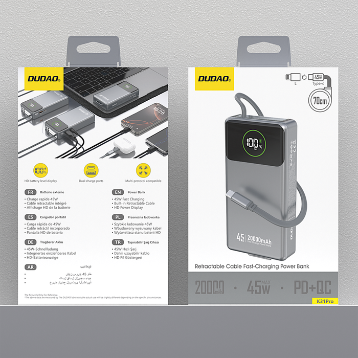 Dudao K31 Pro 45W 20000mAh Power Bank with Built-in Retractable USB-C Cable - Gray