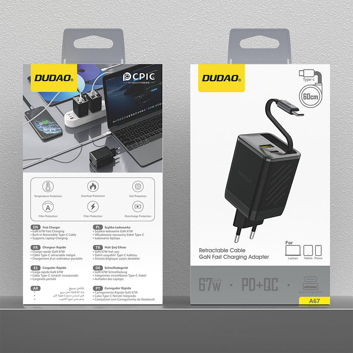Dudao A67EU GaN 67W Wall Charger with Built-in Retractable USB-C Power Delivery Quick Charge Cable - Black
