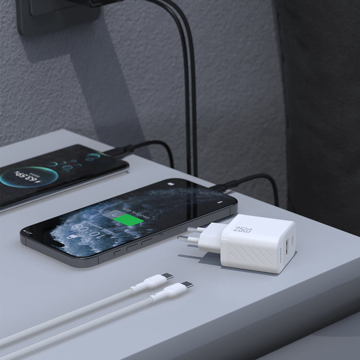 Dudao A26TCEU PD QC 25W GaN USB-A USB-C Wall Charger with USB-C Cable - White