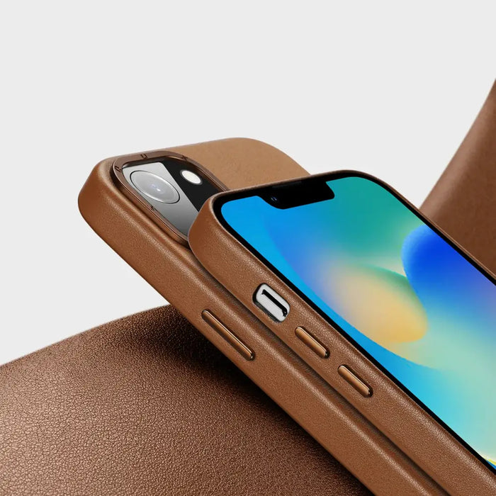 Dux Ducis Grit Leather Case for iPhone 14 Elegant Faux Leather Cover (MagSafe Compatible) Brown - Cell phone cases