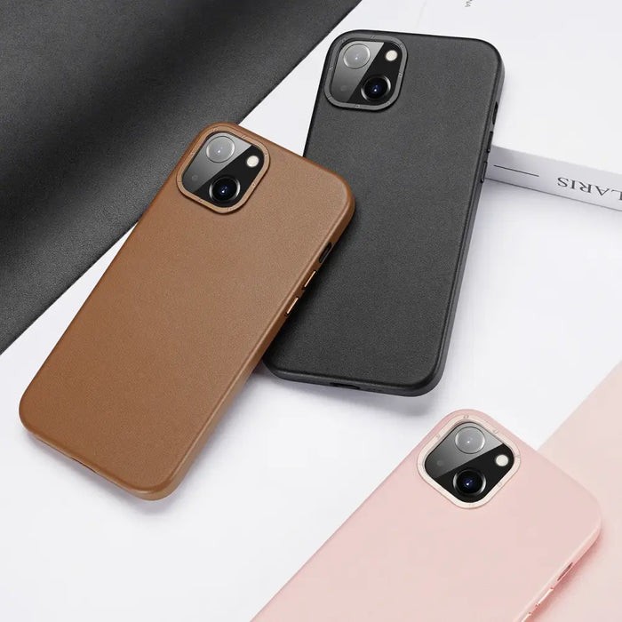 Dux Ducis Grit Leather Case for iPhone 14 Elegant Faux Leather Cover (MagSafe Compatible) Brown - Cell phone cases