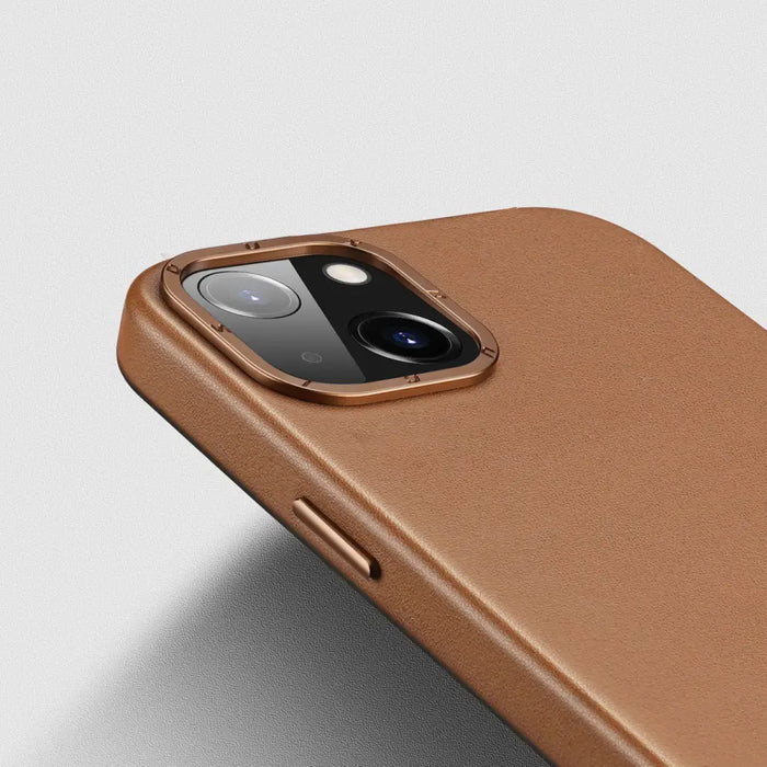 Dux Ducis Grit Leather Case for iPhone 14 Elegant Faux Leather Cover (MagSafe Compatible) Brown - Cell phone cases